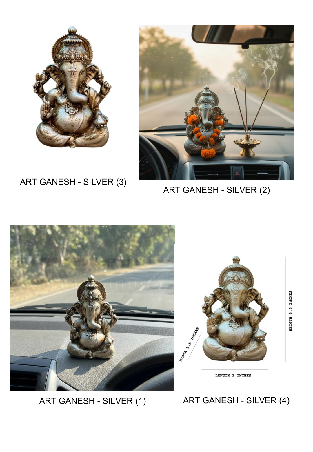 Art Ganesha Silver Car Dashboard Decor