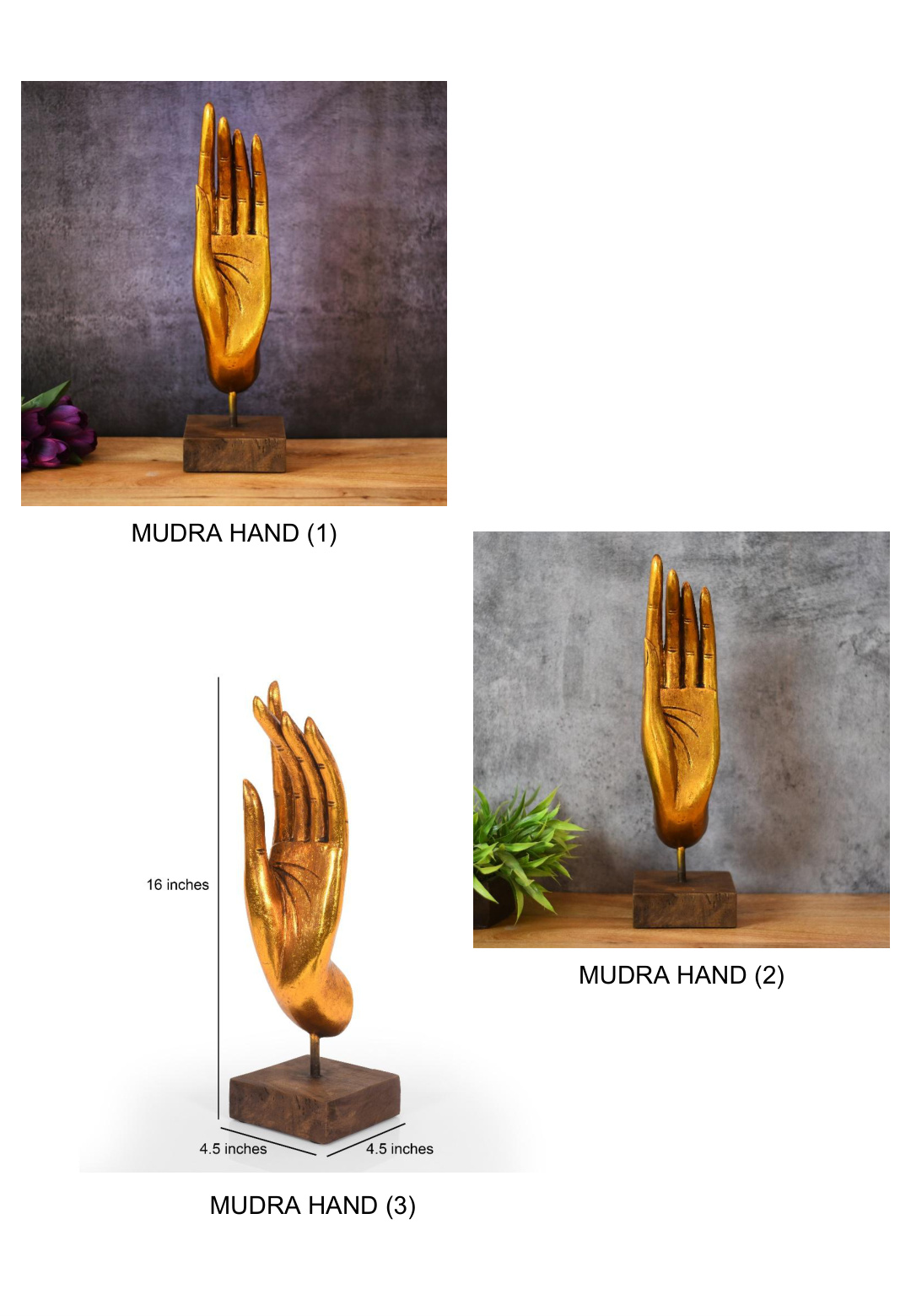 Golden Buddha Mudra Hand Sculpture on Wooden Base