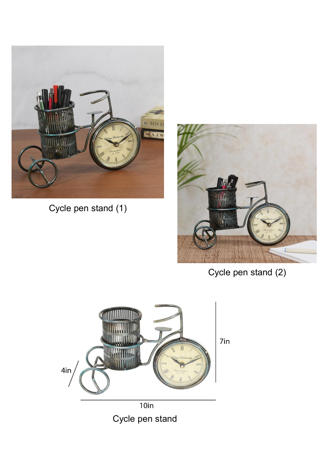 Vintage Cycle Pen Stand Desk Organizer with Clock