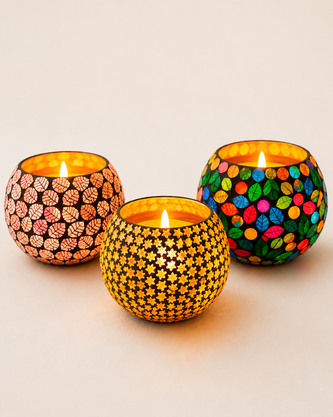 Mosaic Candle – Assorted Set of 3 — Handmade Candle by Swadeshi Karigari